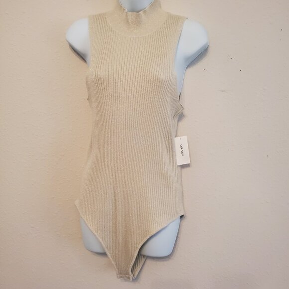 On 34TH Women's Sleeveless Mock Neck Bodysuit Lurex Gold Holiday Sweater Size L. - Picture 6 of 12